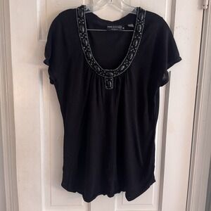 Dana Buchman Blouse‎ Top Womens 1X Sleeveless Large Beaded Black Tank Stretchy